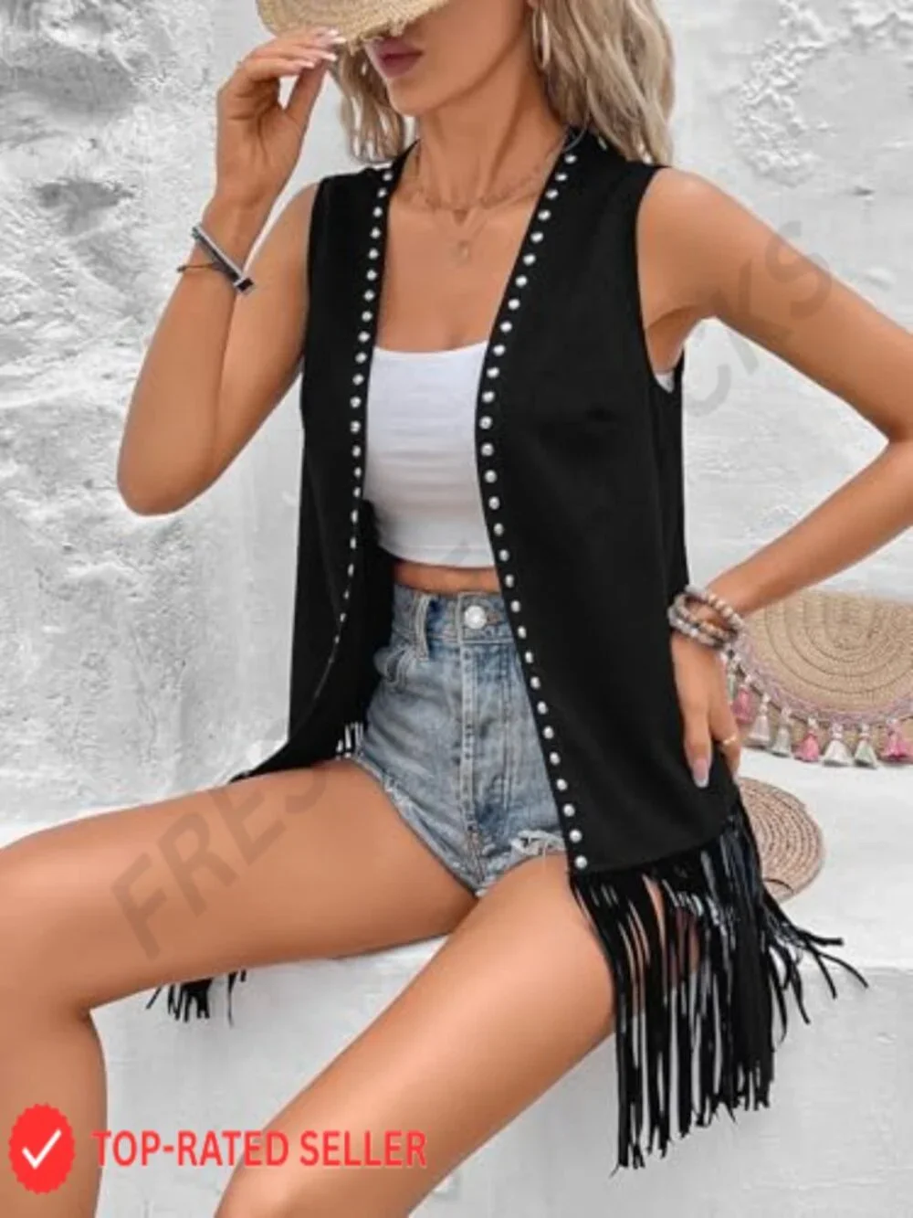 Women's Fringe Vest 70s Hippie Rivets Tassel Sleeveless Studded Jacket